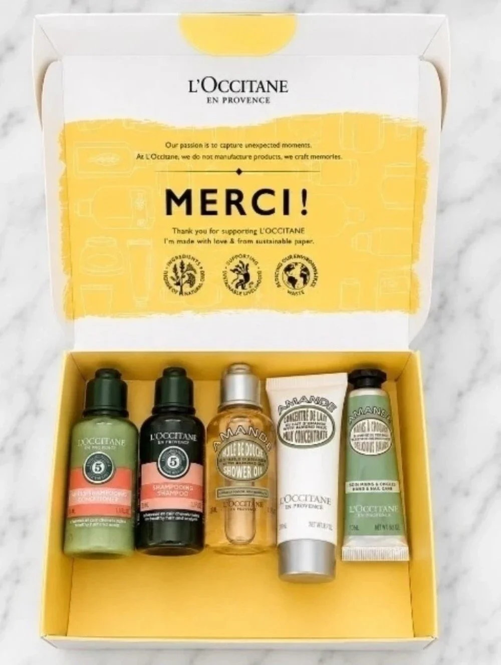 L'Occitane En Provence Merci 5 Piece Set Almond Oil, Hand Cream, Body Cream..NIB